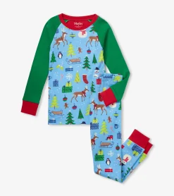 Online Hatley Blue Christmas Raglan Kids Organic Cotton Pajama Set