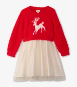 Sale Hatley Girls Holiday Deer Mix Media Dress