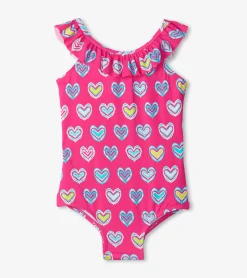 Sale Hatley Girls Pink Shibori Hearts Ruffle Sleeve Swimsuit