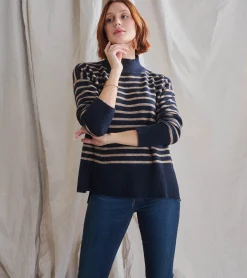 Best Hatley Mock Neck Tunic - Navy Taupe Stripes