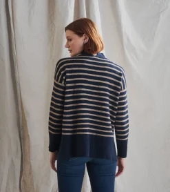 Best Hatley Mock Neck Tunic - Navy Taupe Stripes