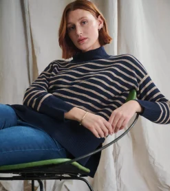 Best Hatley Mock Neck Tunic - Navy Taupe Stripes